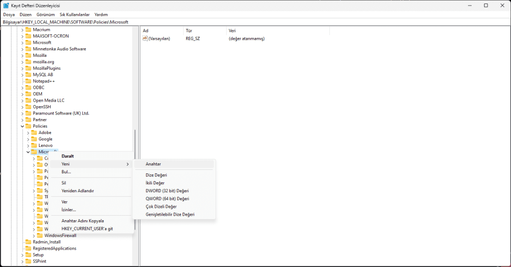 Edge Print Preview Kapatma - Edge Anahtar Değeri Oluşturma